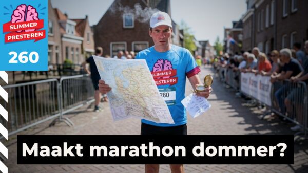 Sporten en brein: hardloper met opengesperde ogen en een wazige blik na een marathon, met een landkaart in de hand.